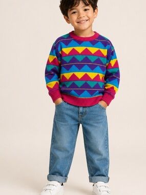 Vintage Phetlee Lass Bright Geometric Crewneck Sweater - Pink/Blue/Yellow
